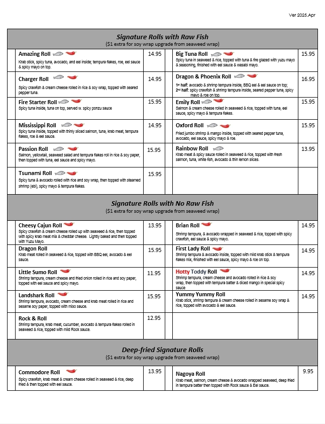 Toyo Japanese Sushi Bar & Hibachi - Sushi Menu